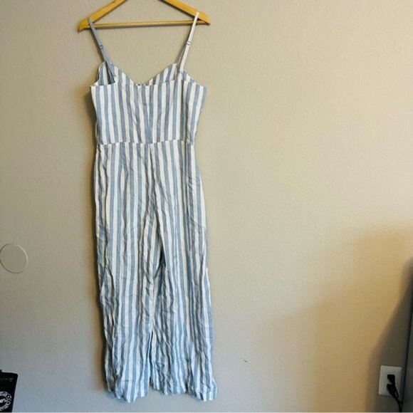 Reformation Torta Linen Blue Stripe Sleeveless Button Front Jumpsuit Size 10 - Picture 5 of 14